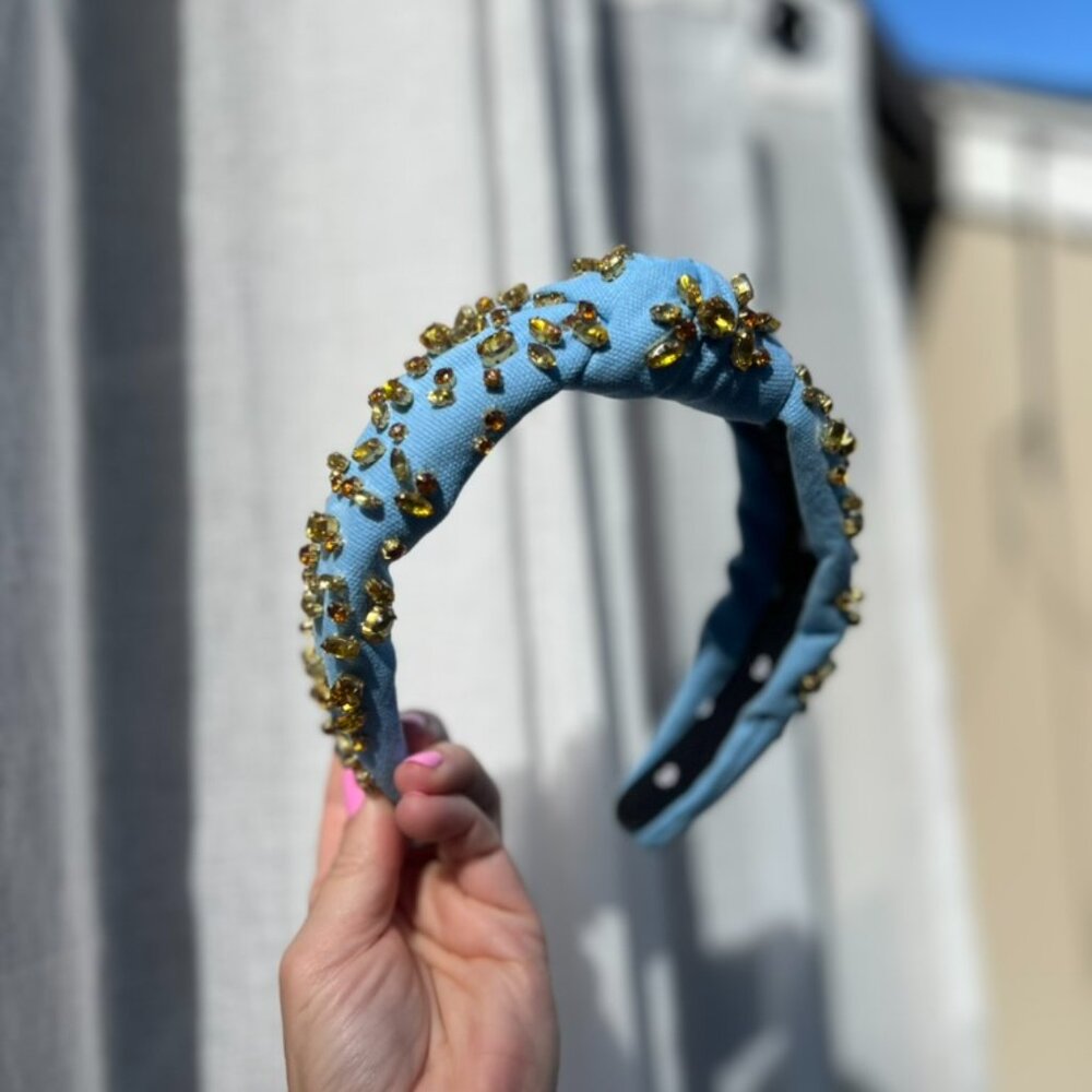 Lele Sadoughi Classic Knotted Blue Headband Amber & Gold Gems